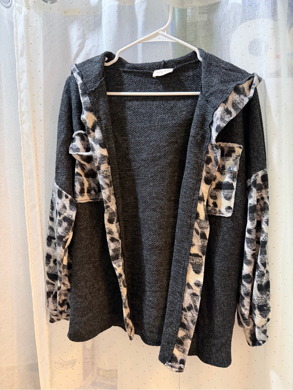 Charcoal Gray Hooded Cardigan with Leopard-Trim Accents